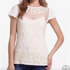 Anthropologie Maeve Sz 4 Lace Floral Embroidered Sheer Open Back Top Ivory Fairy